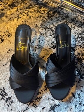 Christian Louboutin Black Satin Crisscross Slide Mules